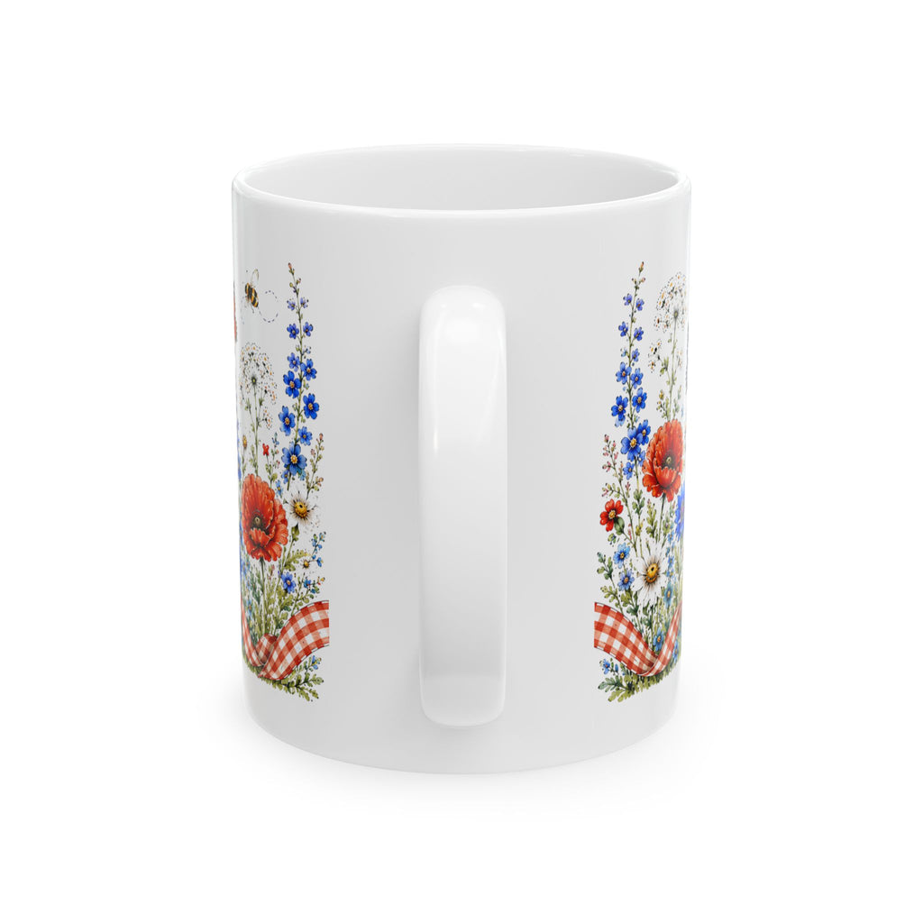 Cottagecore patriotic mug close-up — gingham bow and wildflower border with 4th of July text