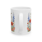 Cottagecore patriotic mug close-up — gingham bow and wildflower border with 4th of July text