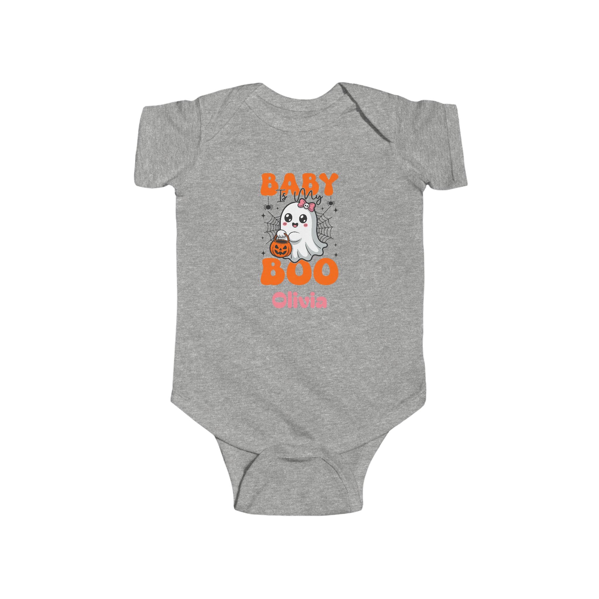 Baby is My Boo Halloween onesie in light blue - personalized first halloween baby gift with cute ghost design
