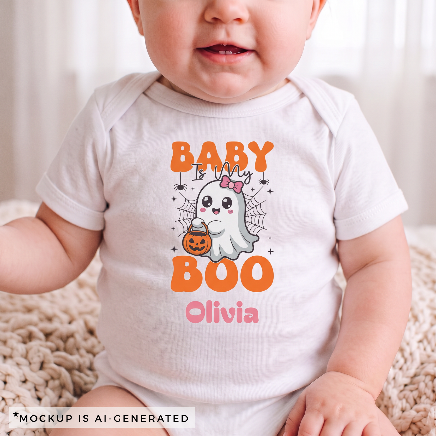 Close-up of Baby is My Boo onesie design - kawaii ghost with pink bow pumpkin candy bucket spiderwebs and personalized name