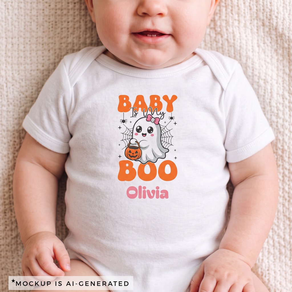 Baby is My Boo Halloween onesie flat lay - orange and pink kawaii ghost design with custom name in pink script