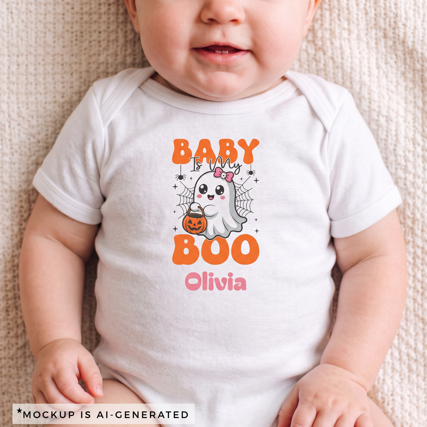 Baby is My Boo Halloween onesie flat lay - orange and pink kawaii ghost design with custom name in pink script