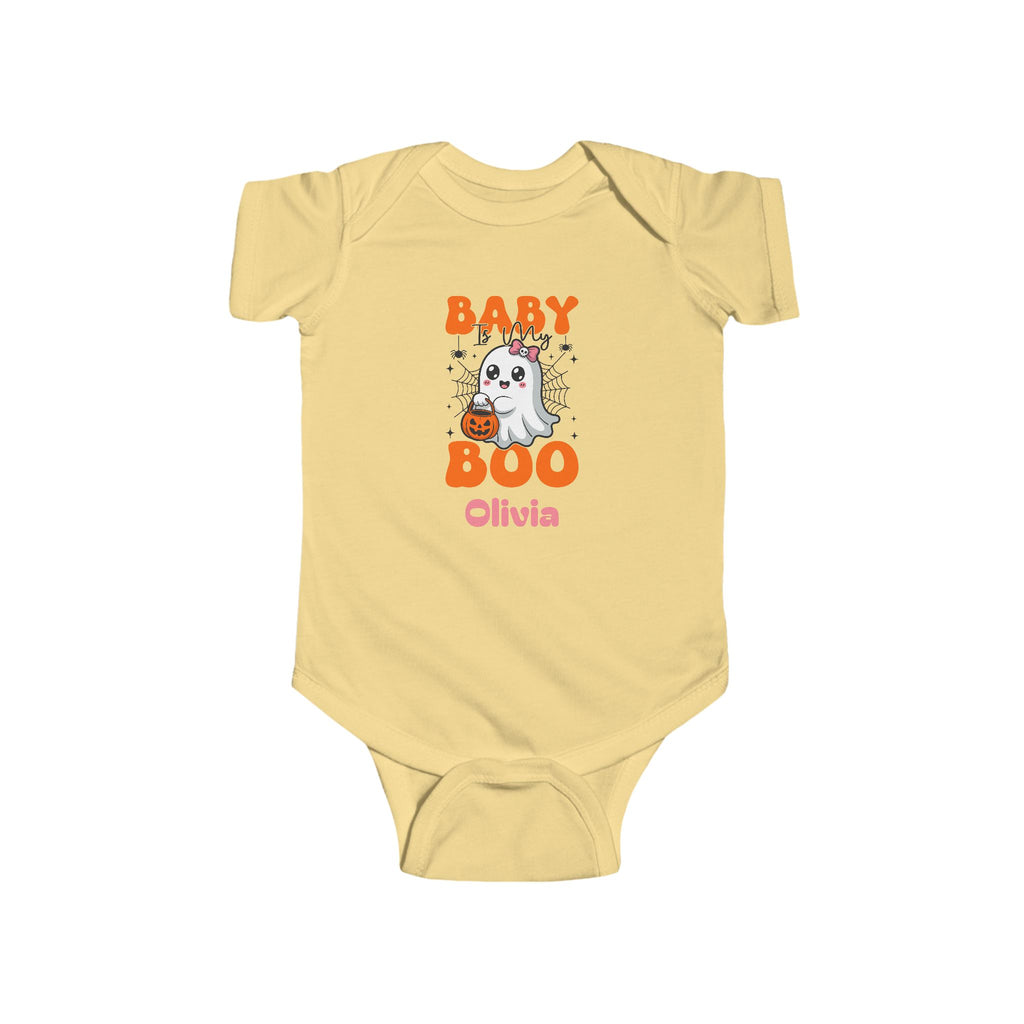 Baby is My Boo Halloween onesie in heather - kawaii ghost Halloween baby bodysuit with personalized name
