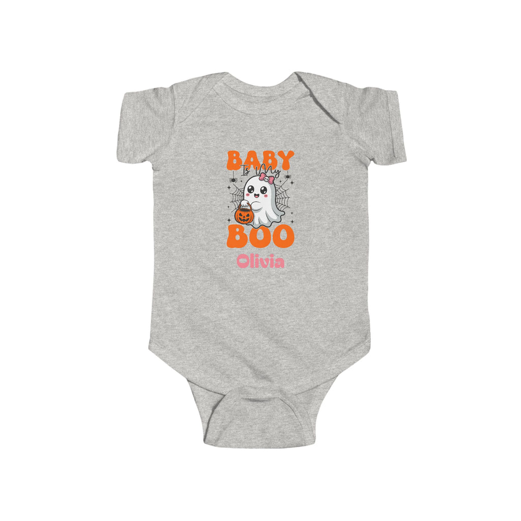 Baby is My Boo Halloween onesie in pink - personalized kawaii ghost baby bodysuit with orange and pink design