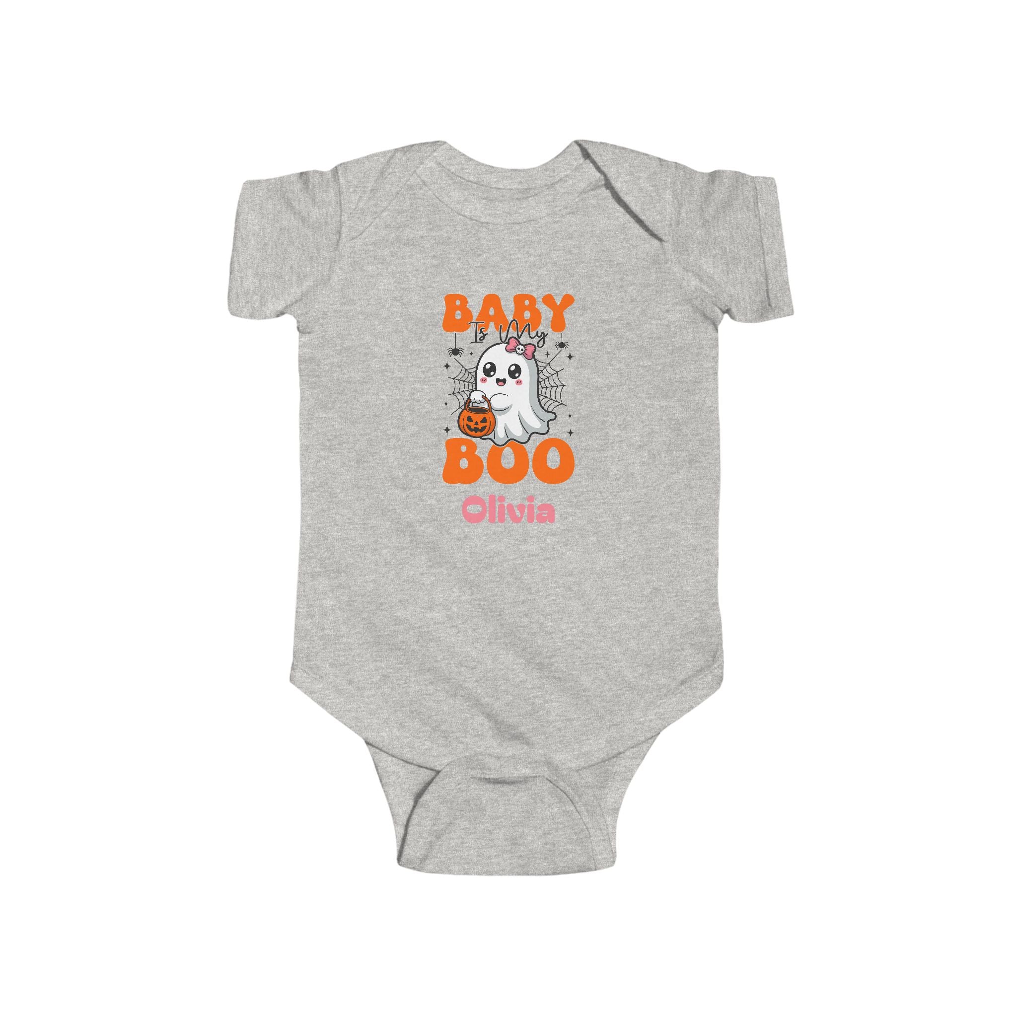 Baby is My Boo Halloween onesie in pink - personalized kawaii ghost baby bodysuit with orange and pink design