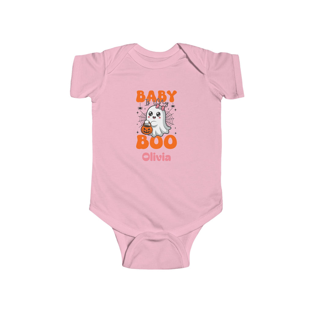 Baby is My Boo personalized baby bodysuit size guide - available in NB 6M 12M 18M and 24M in multiple colors