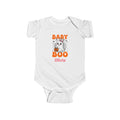Baby is My Boo Halloween personalized onesie in white - orange and pink typography with kawaii ghost bow and pumpkin bucket and custom baby name