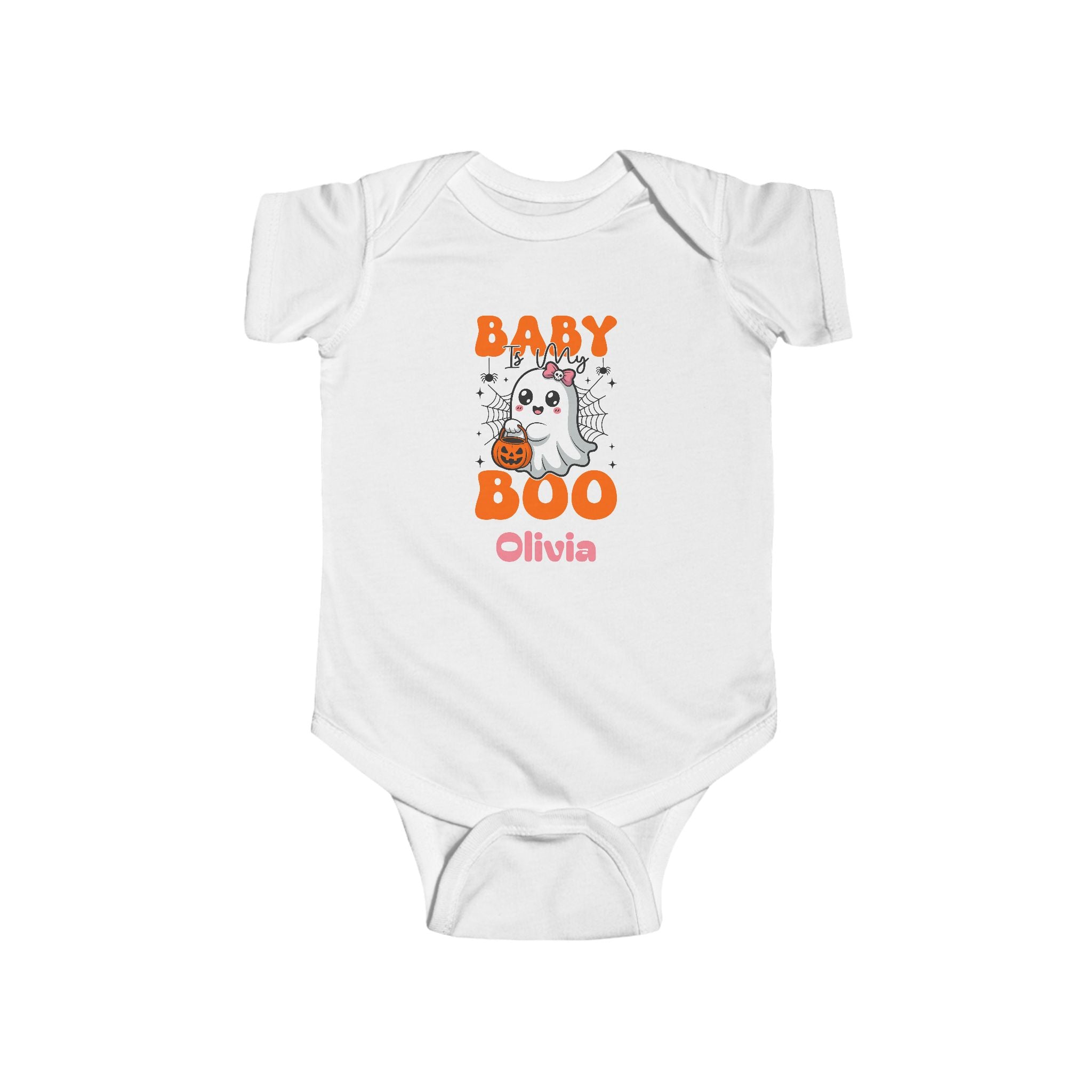 Baby is My Boo Halloween personalized onesie in white - orange and pink typography with kawaii ghost bow and pumpkin bucket and custom baby name