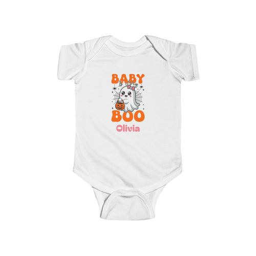 Baby is My Boo Halloween personalized onesie in white - orange and pink typography with kawaii ghost bow and pumpkin bucket and custom baby name