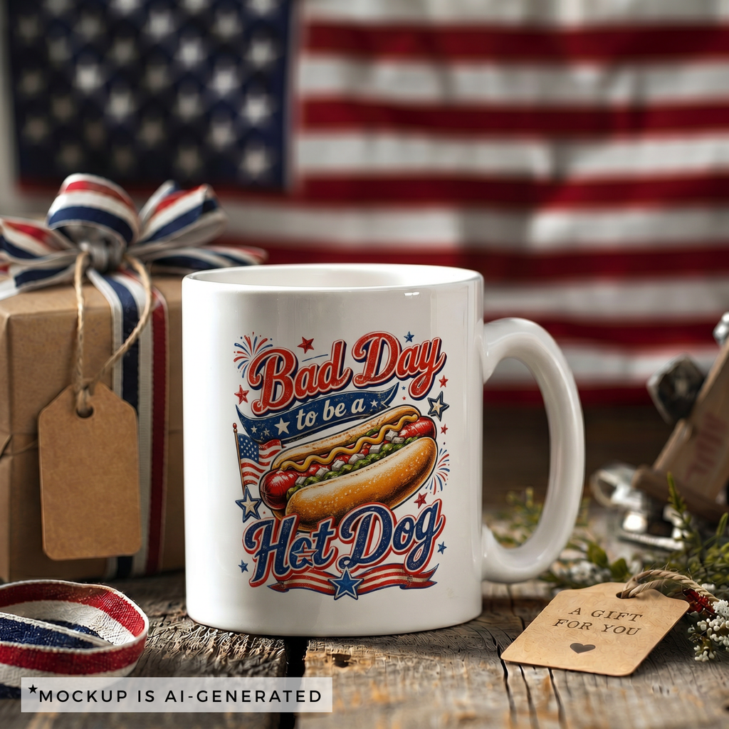 Close-up of Bad Day to be a Hot Dog mug design - vintage script typography with loaded hot dog and fireworks illustration