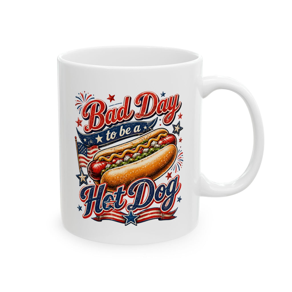 Patriotic hot dog mug gift - white ceramic with bold red white and blue American humor design for Independence Day