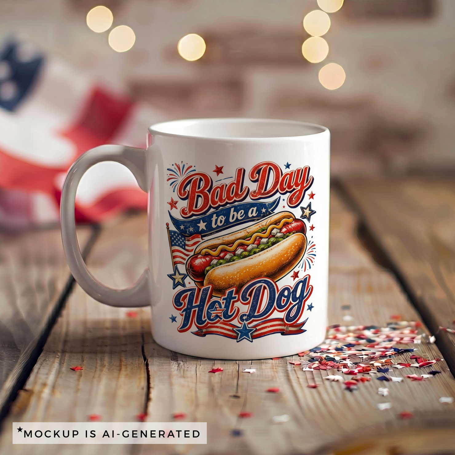 Funny patriotic mug Bad Day to be a Hot Dog - red white and blue Independence Day gift on white ceramic