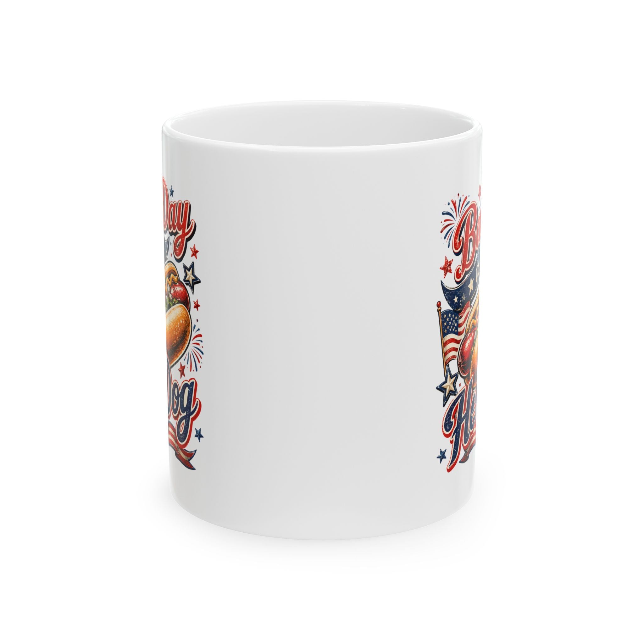 4th of July BBQ gift mug - funny hot dog ceramic cup for Independence Day cookout or patriotic party