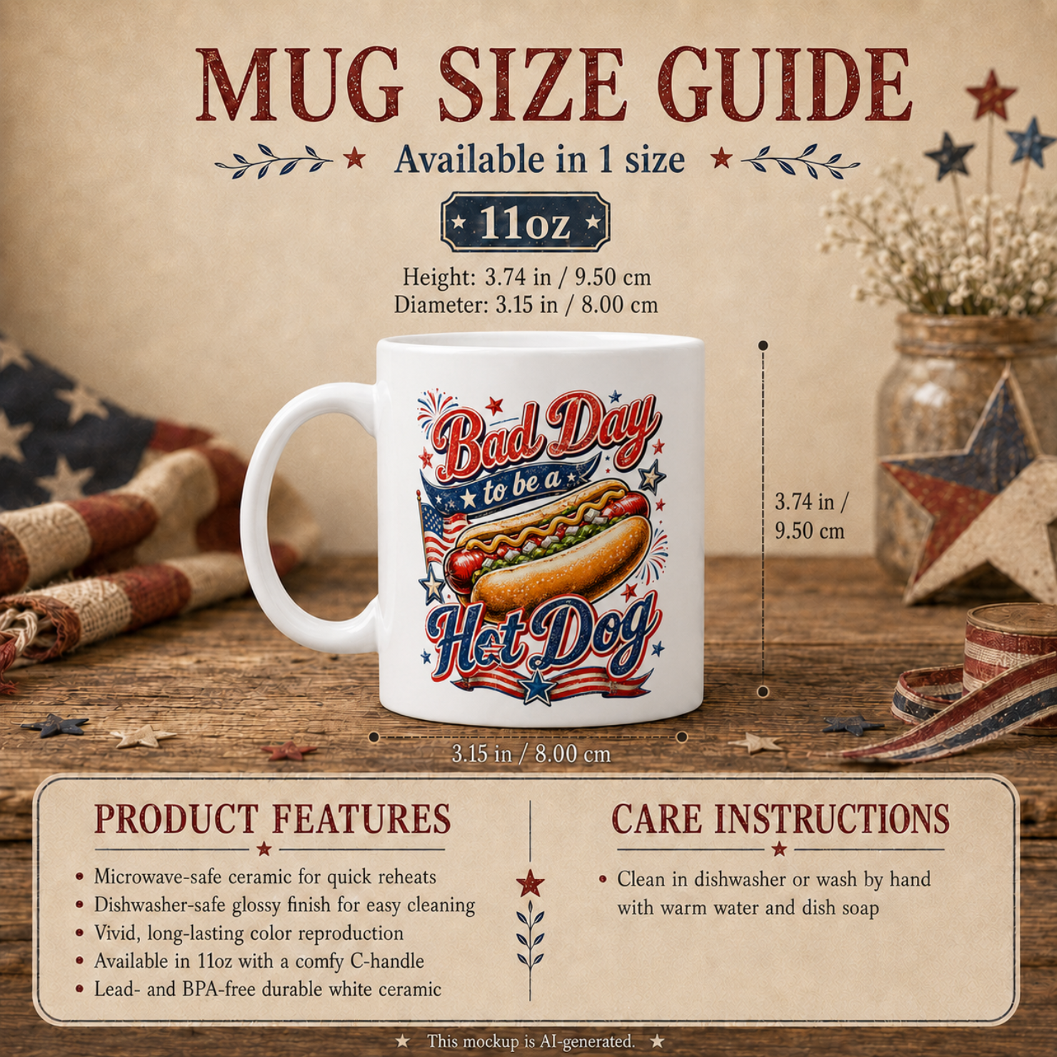 Bad Day to be a Hot Dog 4th of July mug side view - funny patriotic ceramic gift for BBQ and cookout fans