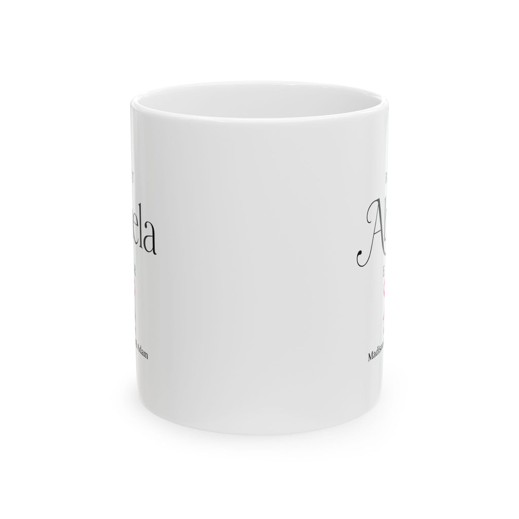 Best Abuela Ever mug 11oz - white ceramic with serif script typography and pink bow for Spanish grandma gift