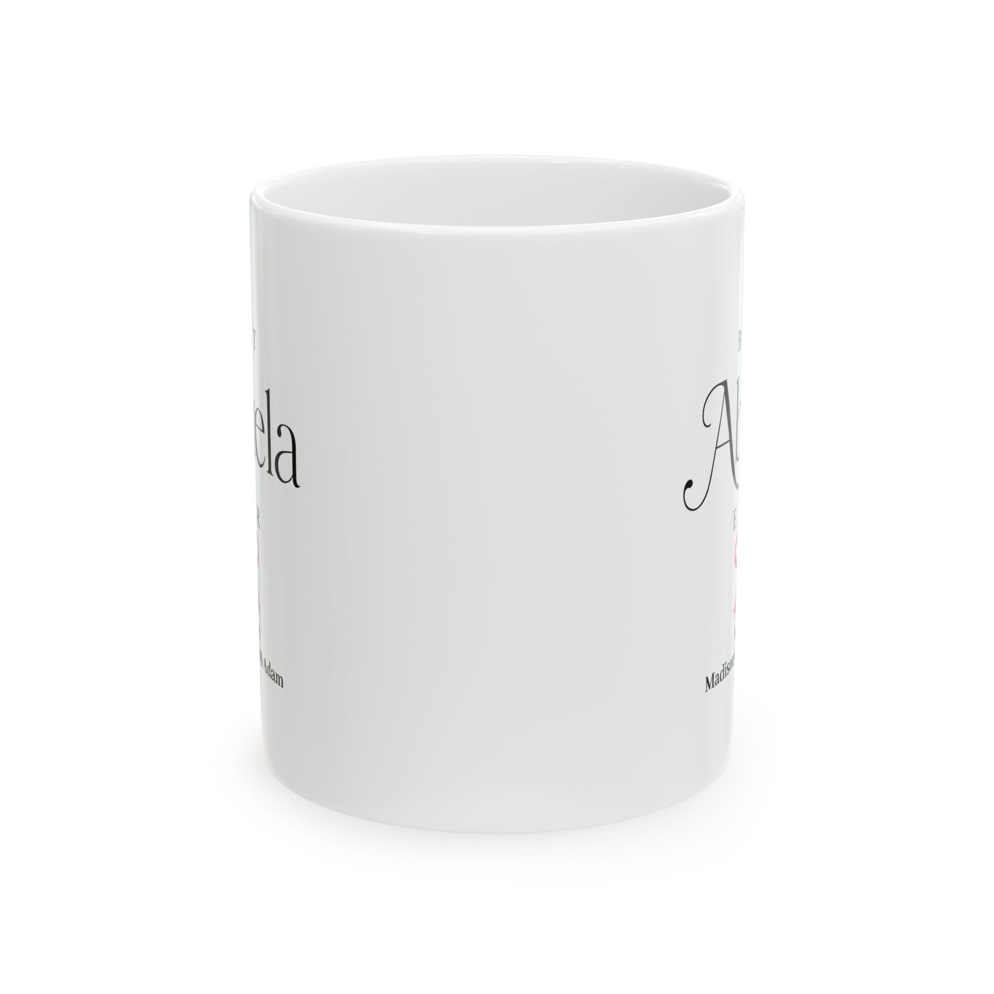 Best Abuela Ever mug 11oz - white ceramic with serif script typography and pink bow for Spanish grandma gift