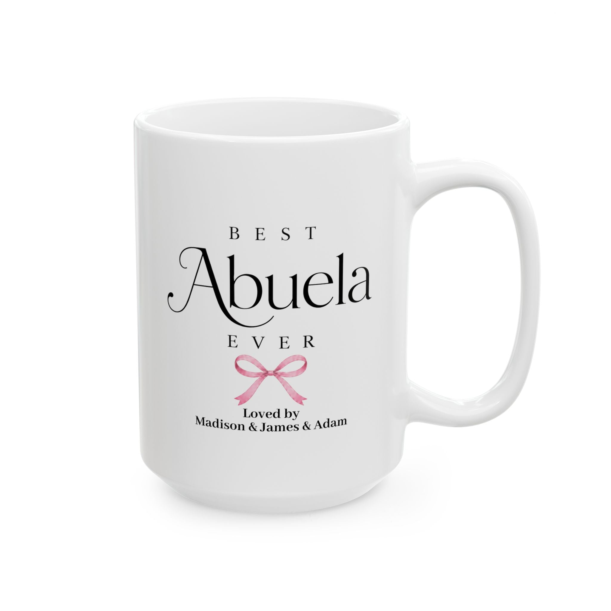 Personalized Abuela mug 15oz - Best Abuela Ever design with coquette bow and custom grandkids names