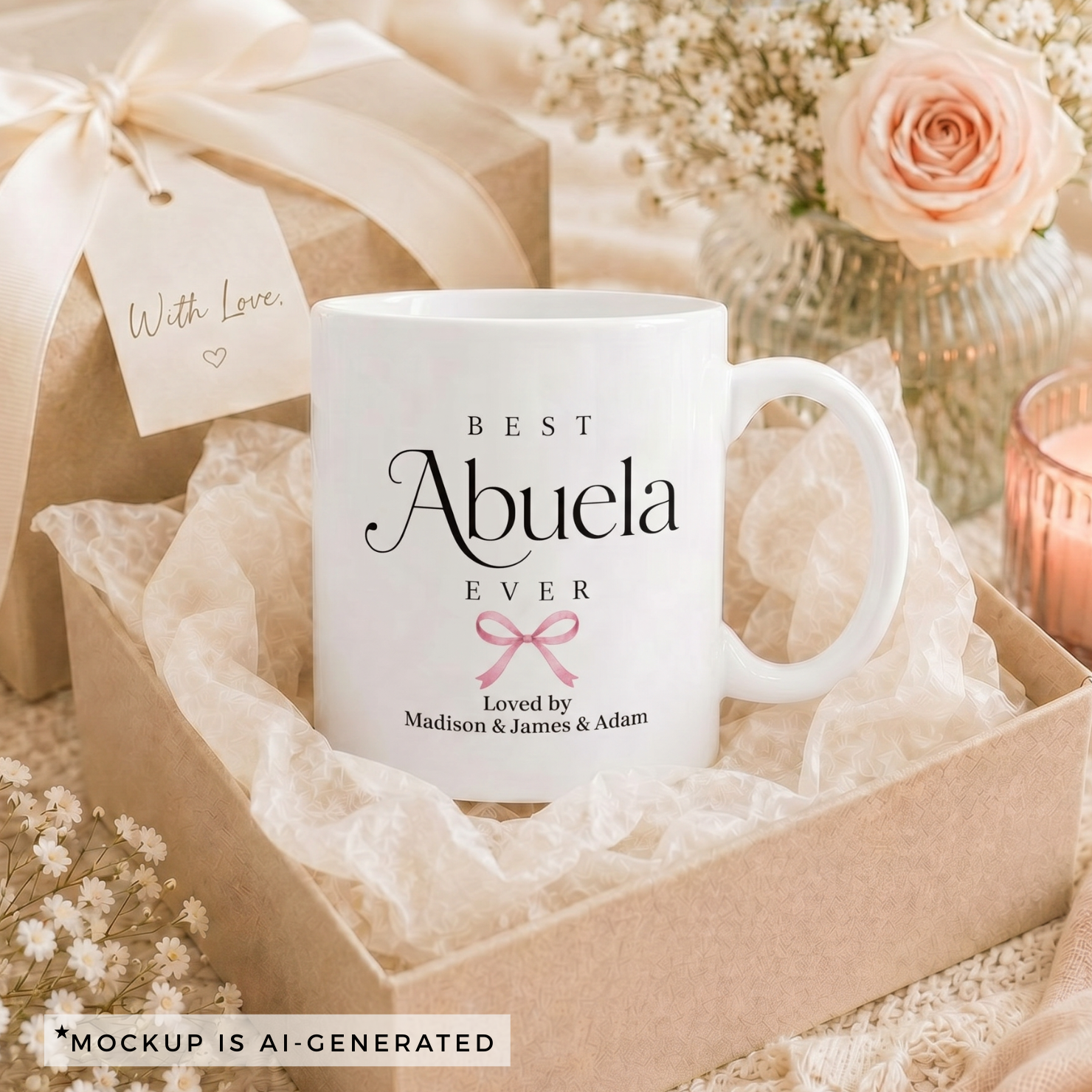 Best Abuela Ever mug close-up - pink coquette bow with Loved by and grandkids names in script font