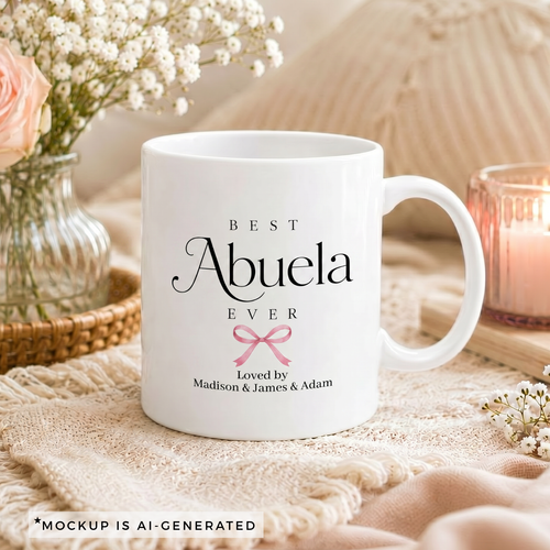 Personalized Abuela mug with grandkids names - Best Abuela Ever design with delicate pink bow on white ceramic