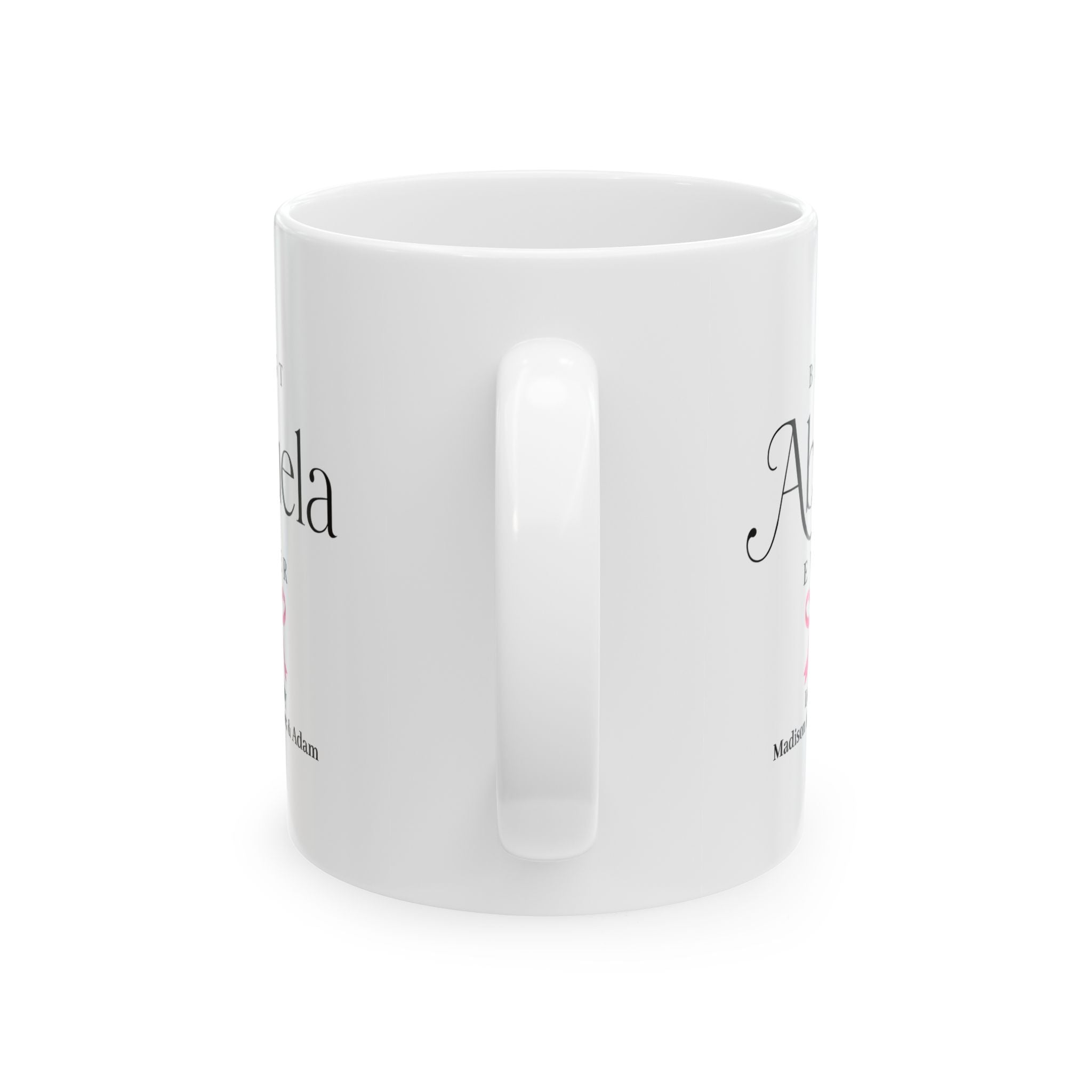 Personalized Abuela birthday gift mug in home setting - elegant white ceramic with custom grandkids names