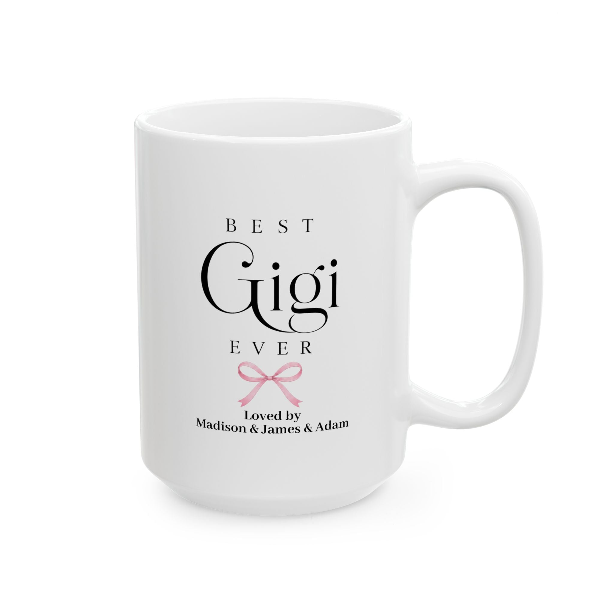 Personalized Gigi mug 15oz - Best Gigi Ever design with coquette bow and custom grandkids names