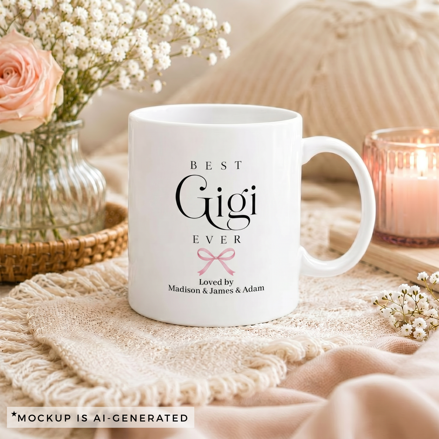 Best Gigi Ever mug close-up - pink coquette bow with Loved by and grandkids names in script font