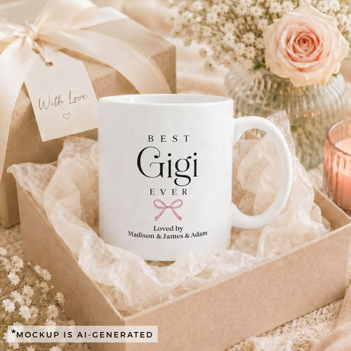 Personalized Gigi mug with grandkids names - Best Gigi Ever design with delicate pink bow on white ceramic