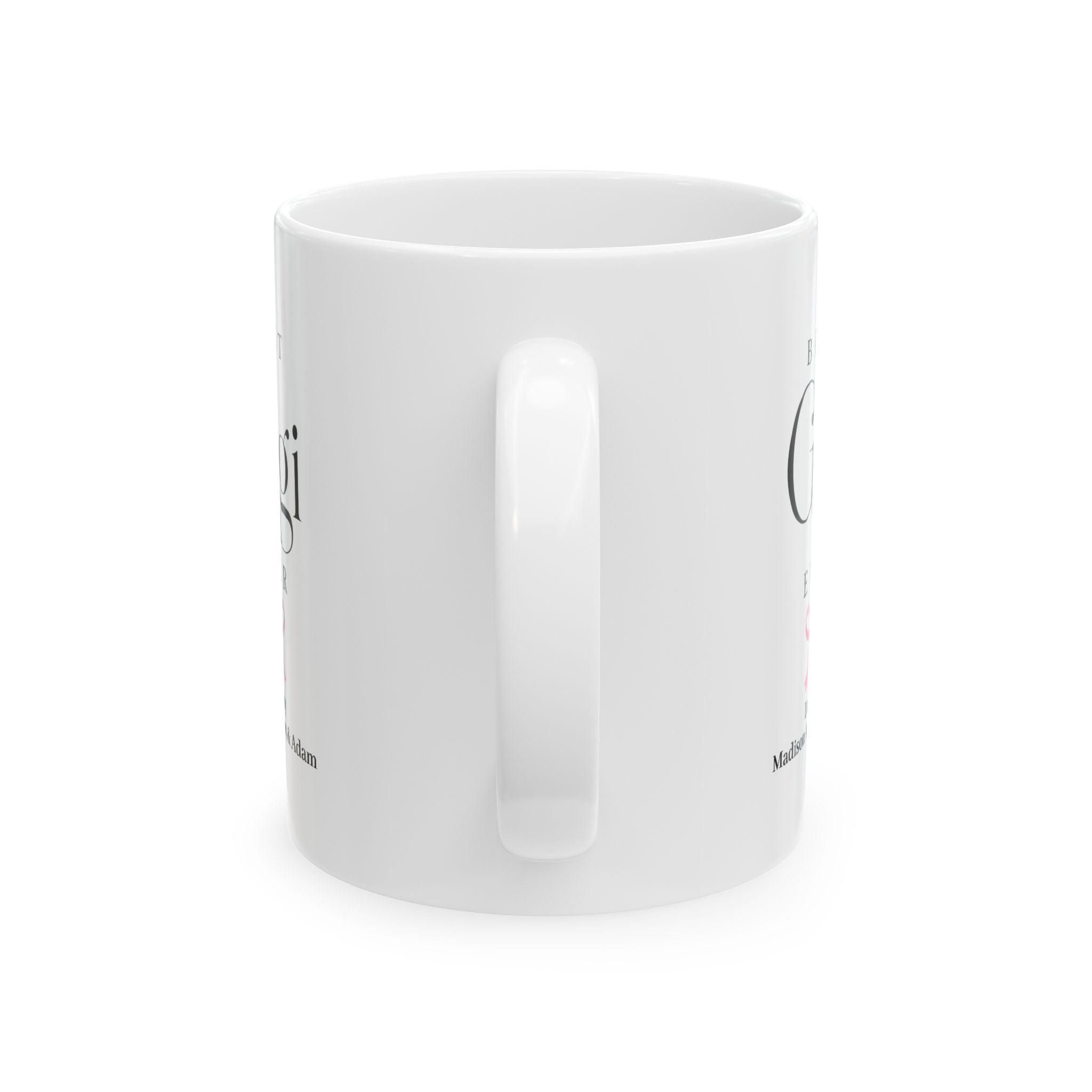 Personalized Gigi birthday gift mug in home setting - elegant white ceramic with custom grandkids names