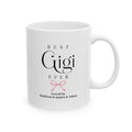 Best Gigi Ever personalized mug - elegant serif and script typography with pink coquette bow and grandkids names on white 11oz ceramic