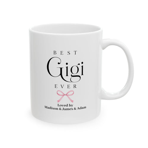 Best Gigi Ever personalized mug - elegant serif and script typography with pink coquette bow and grandkids names on white 11oz ceramic