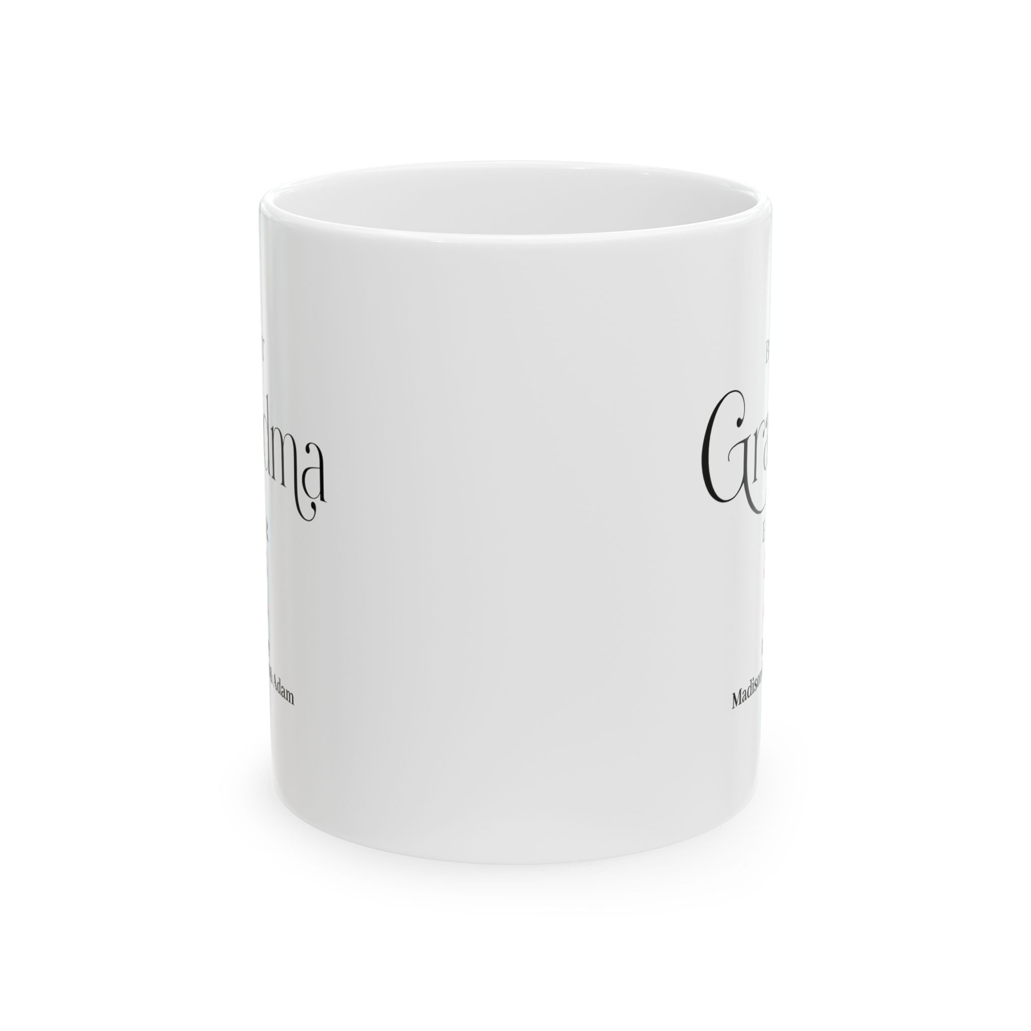 Best Grandma Ever mug 11oz - white ceramic with serif script typography and pink bow for grandma gift