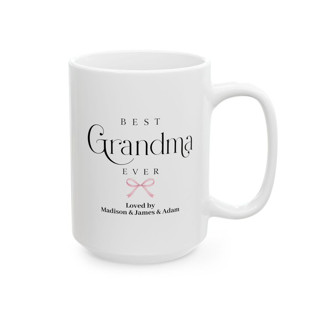 Personalized grandma mug 15oz - Best Grandma Ever design with coquette bow and custom grandkids names