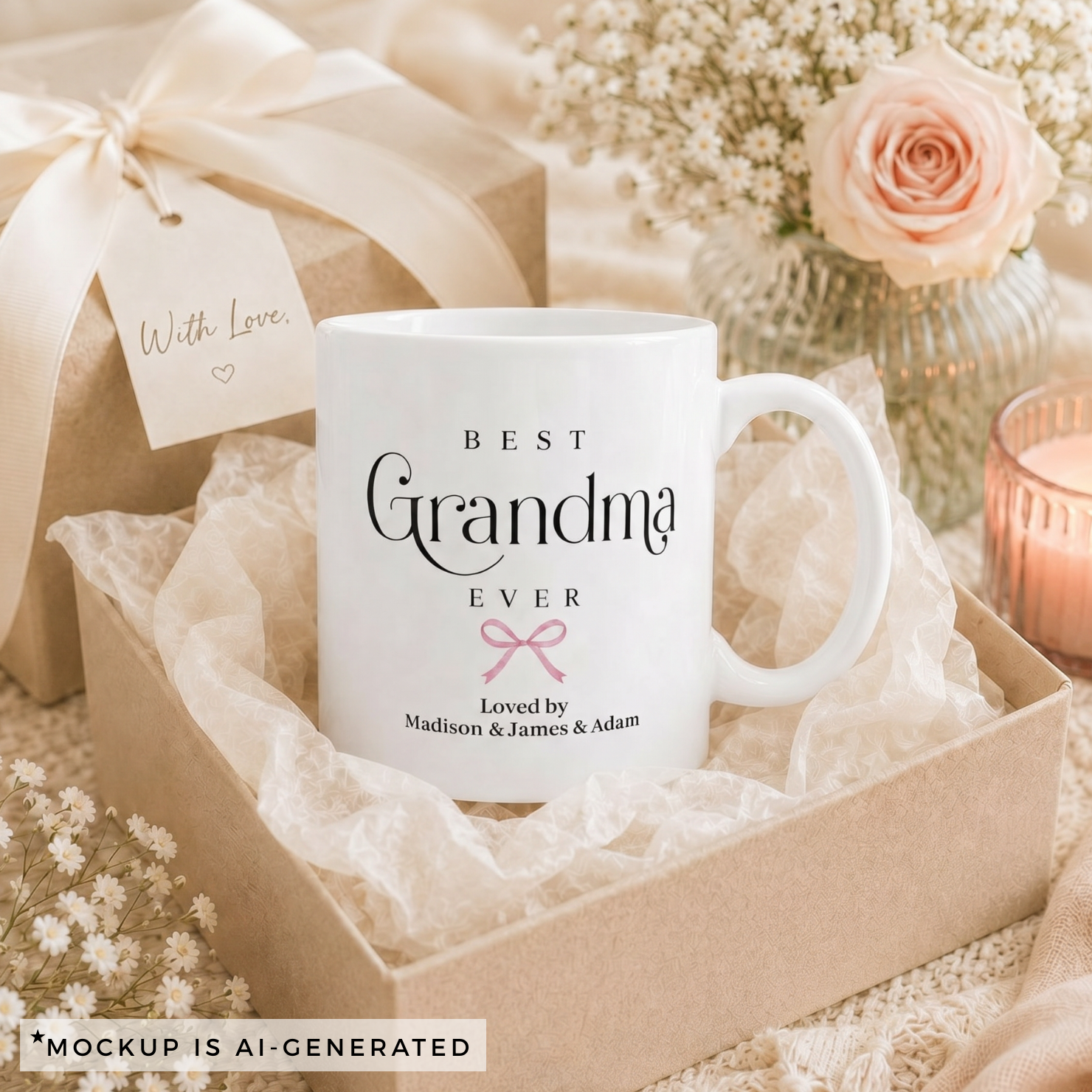 Best Grandma Ever mug close-up - delicate pink coquette bow with Loved by and grandkids names in script font