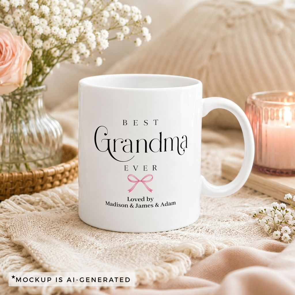 Personalized grandma mug with grandkids names - Best Grandma Ever design with pink bow on white ceramic