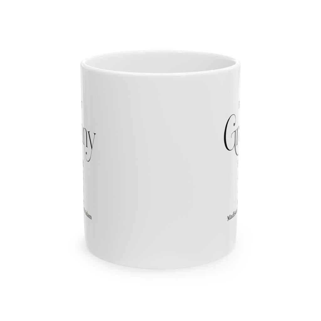 Best Granny Ever mug 11oz - white ceramic with serif script typography and pink bow for granny gift