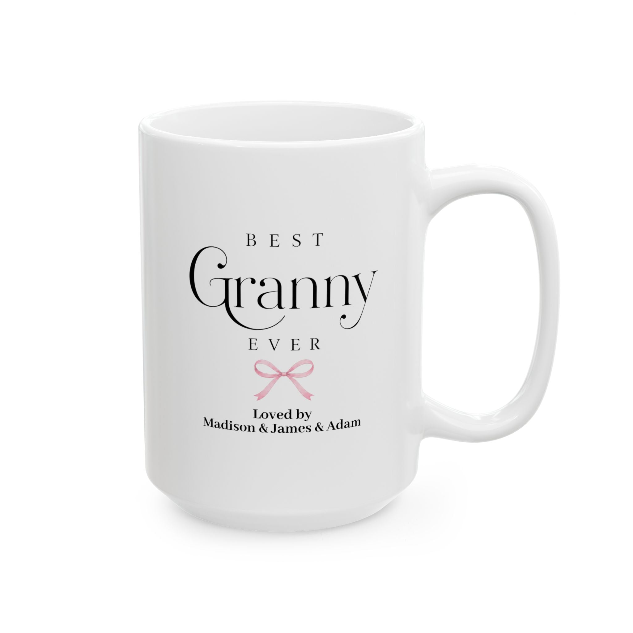 Personalized granny mug 15oz - Best Granny Ever design with coquette bow and custom grandkids names