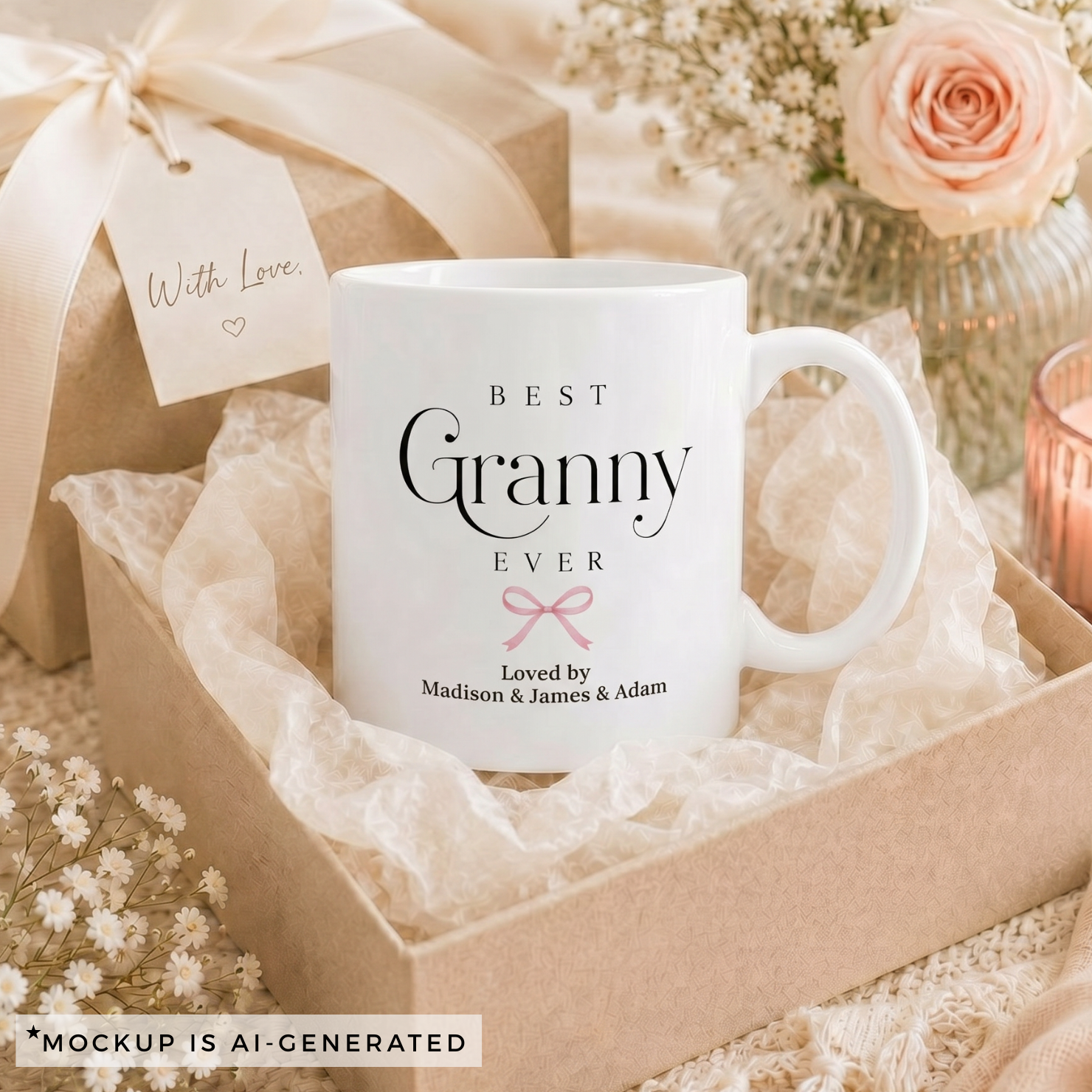 Best Granny Ever mug close-up - delicate pink bow with Loved by and grandkids names in script font