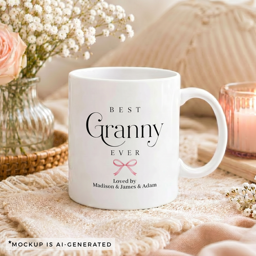 Personalized granny mug with grandkids names - Best Granny Ever design with pink coquette bow on white ceramic