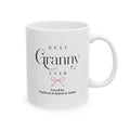 Best Granny Ever personalized mug - elegant serif and script typography with pink coquette bow and grandkids names on white 11oz ceramic
