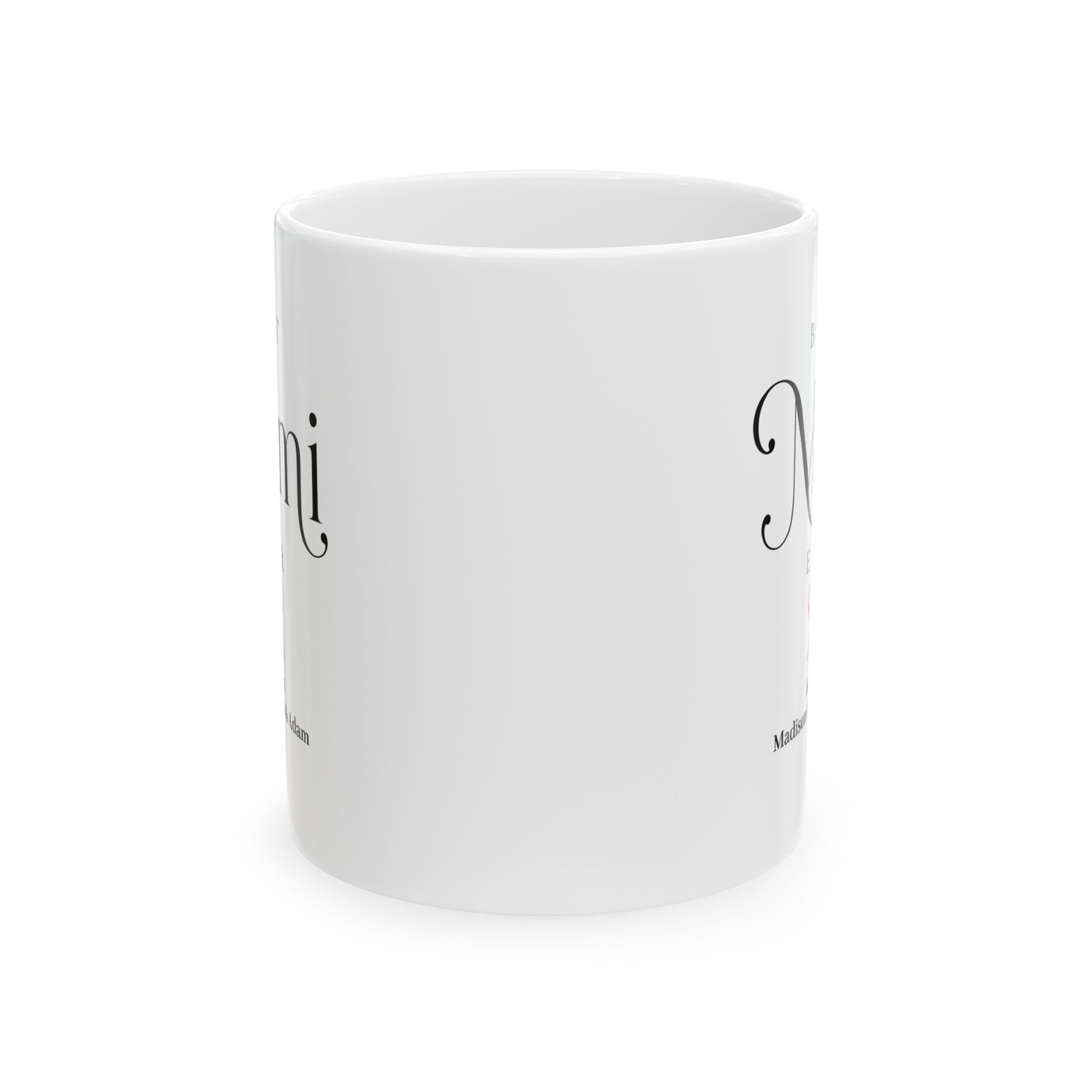 Best Mimi Ever mug 11oz - white ceramic with serif script typography and pink bow for Mimi gift