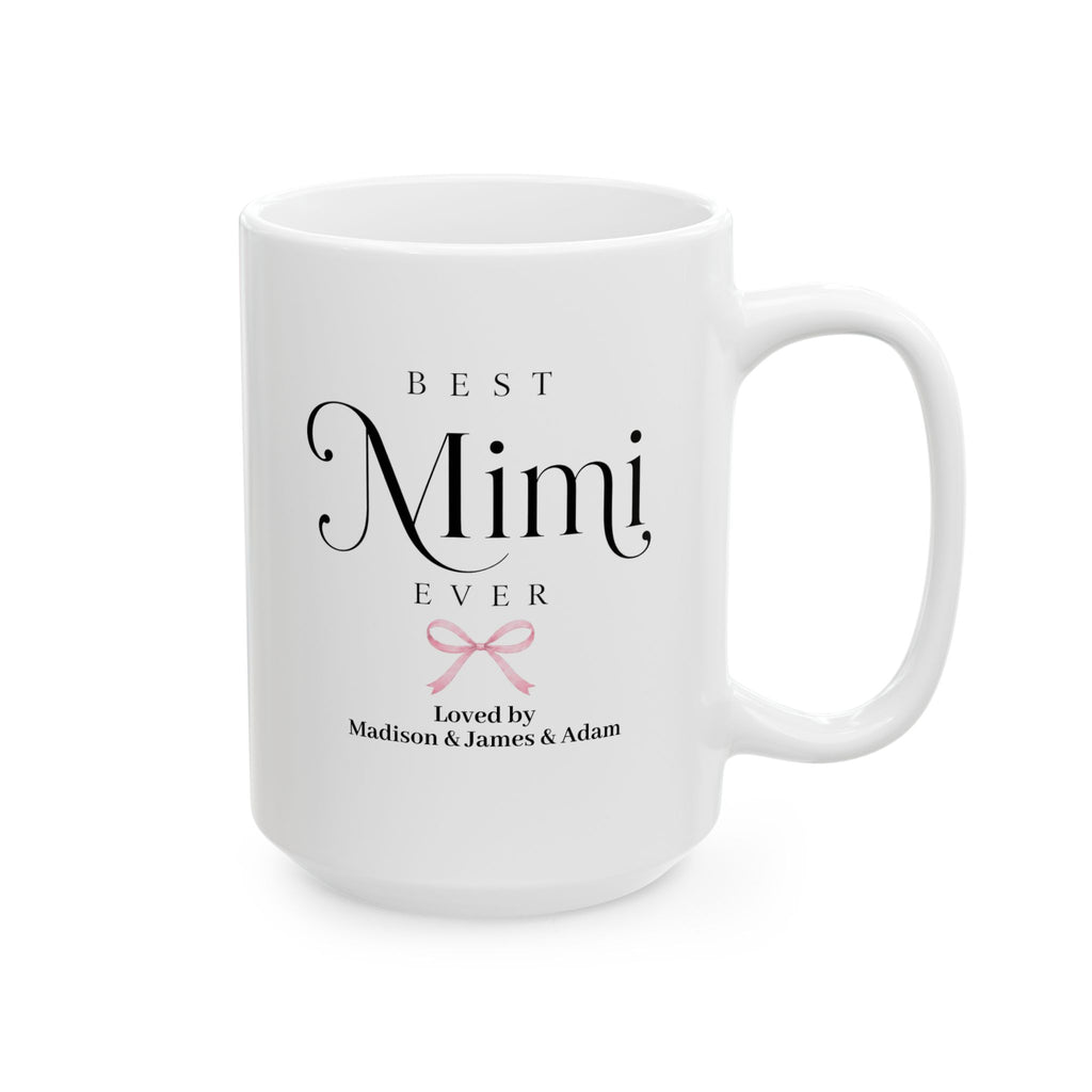 Personalized Mimi mug 15oz - Best Mimi Ever design with coquette bow and custom grandkids names