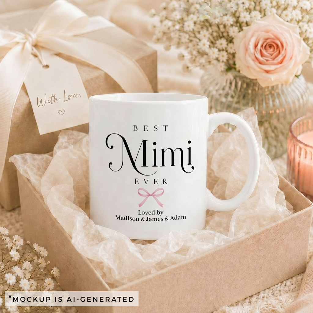 Best Mimi Ever mug close-up - pink coquette bow with Loved by and grandkids names in script font