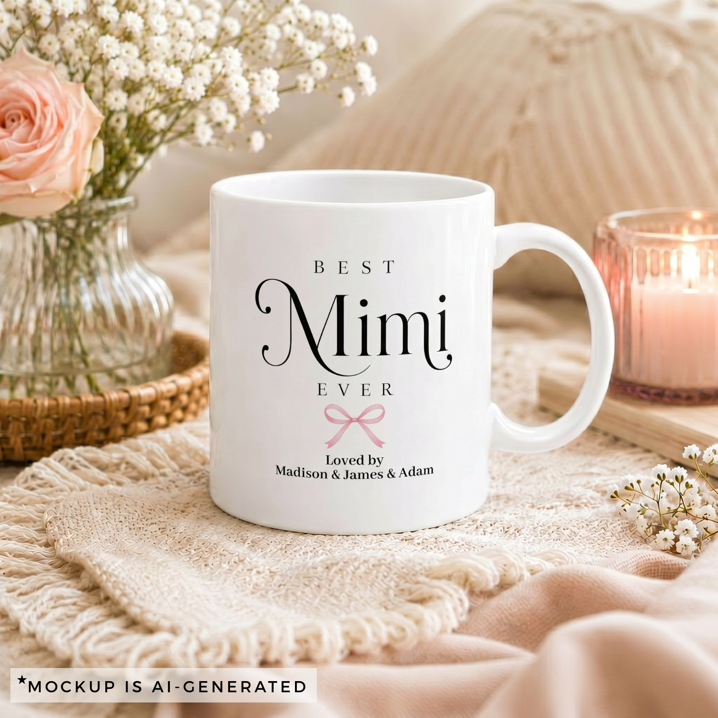 Personalized Mimi mug with grandkids names - Best Mimi Ever design with delicate pink bow on white ceramic