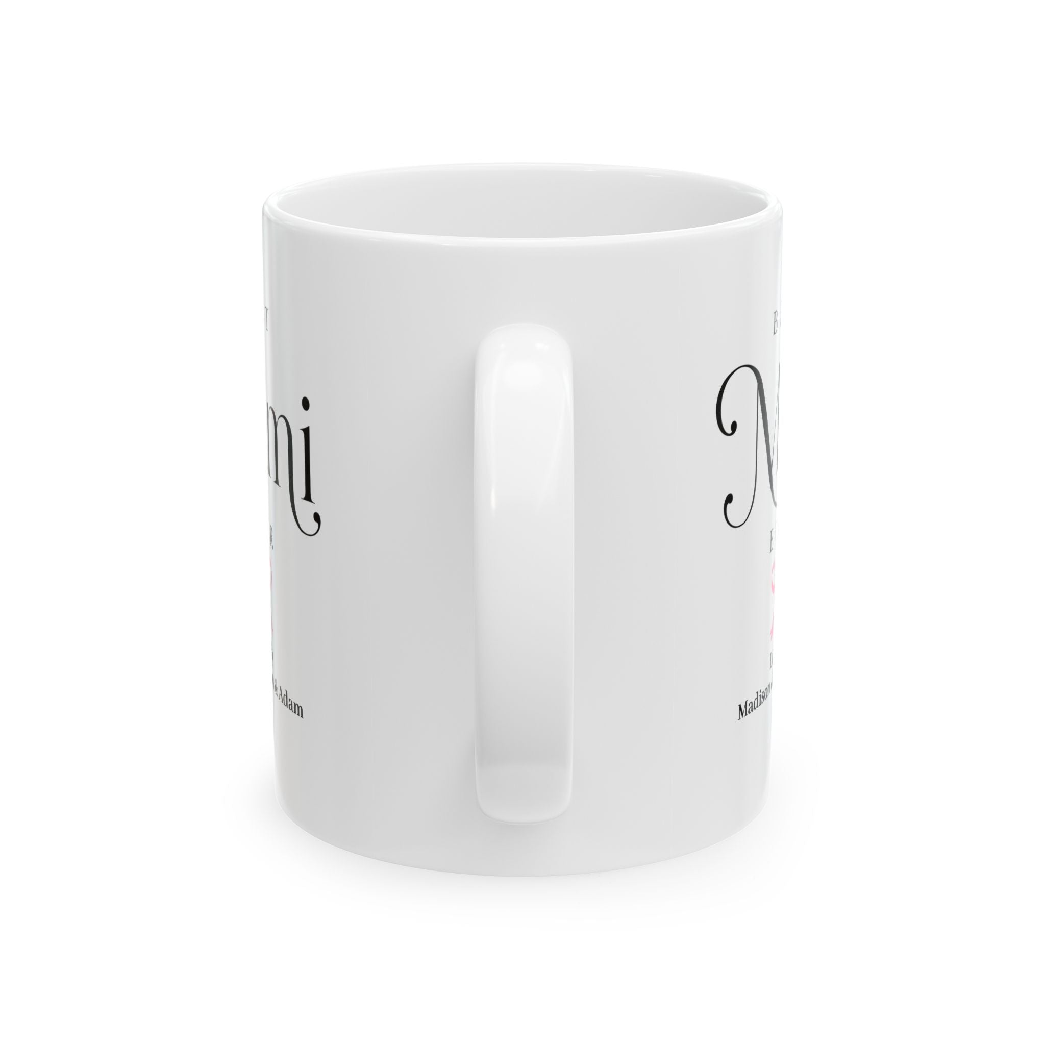 Personalized Mimi birthday gift mug in home setting - elegant white ceramic with custom grandkids names