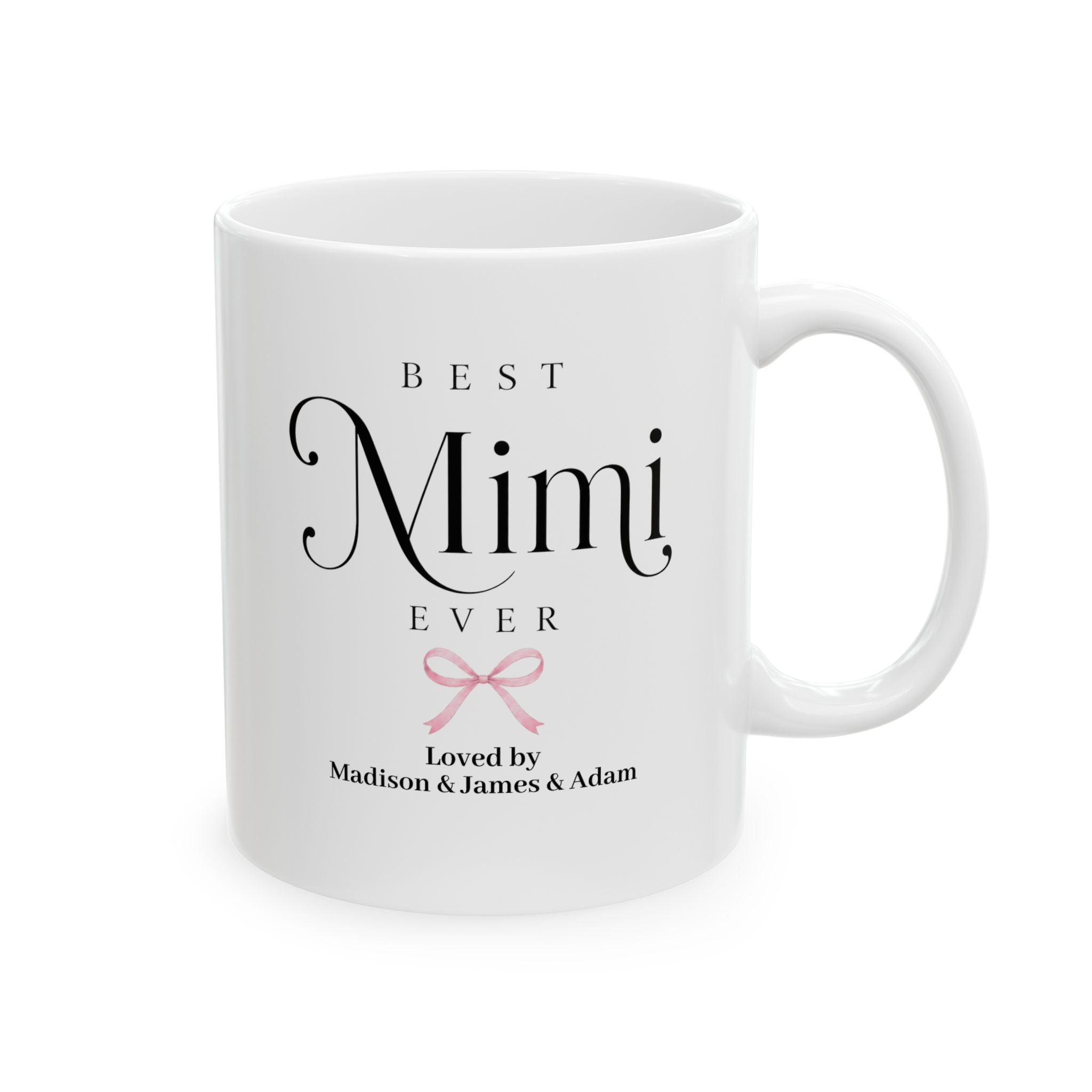 Best Mimi Ever personalized mug - elegant serif and script typography with pink coquette bow and grandkids names on white 11oz ceramic