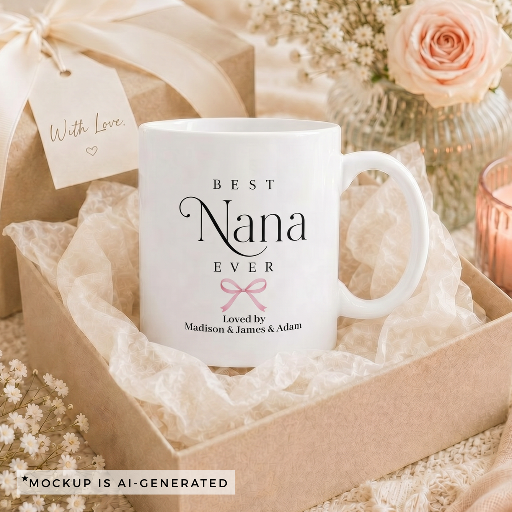 Best Nana Ever mug close-up - pink coquette bow with Loved by and grandkids names in script font