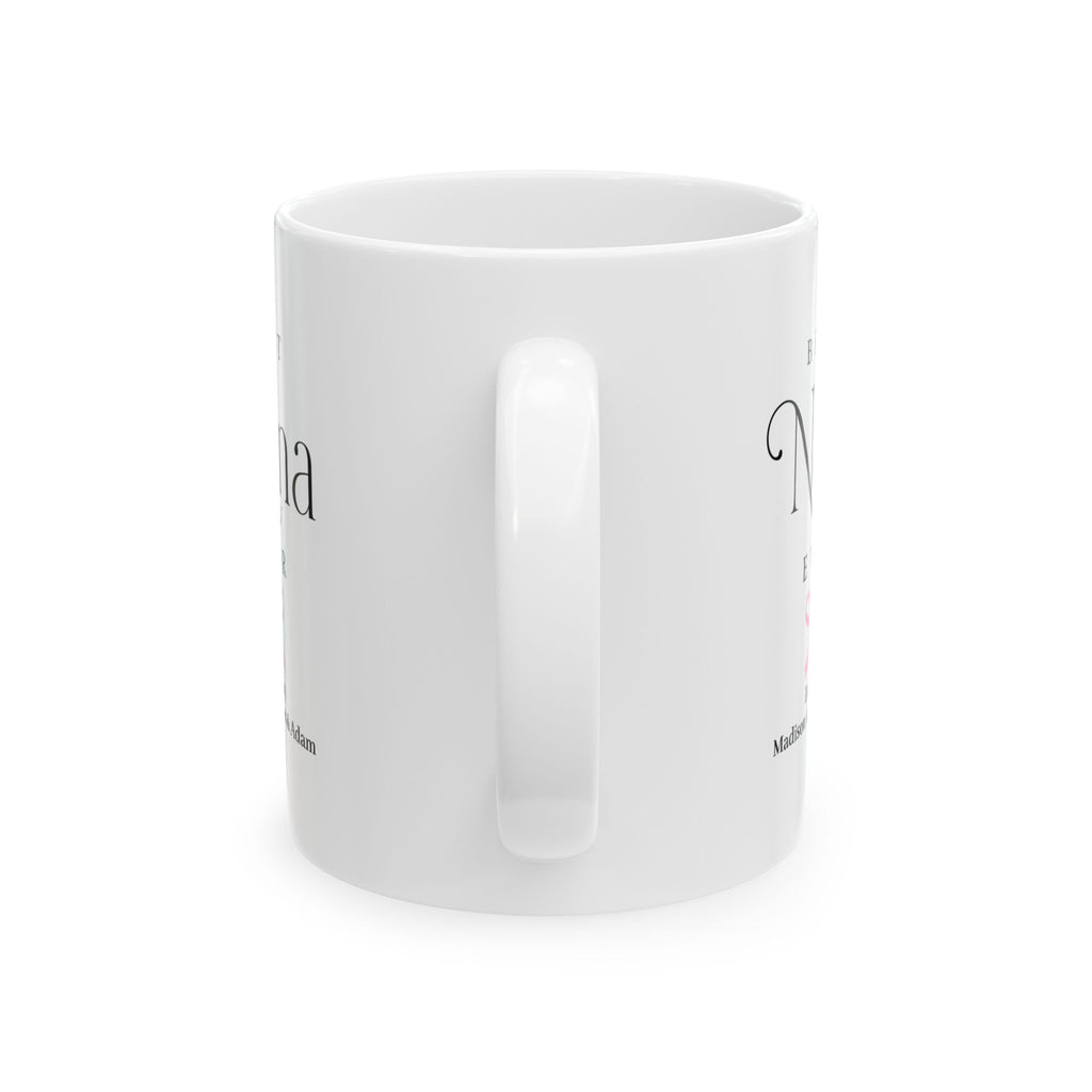 Personalized Nana birthday gift mug in home setting - elegant white ceramic with custom grandkids names
