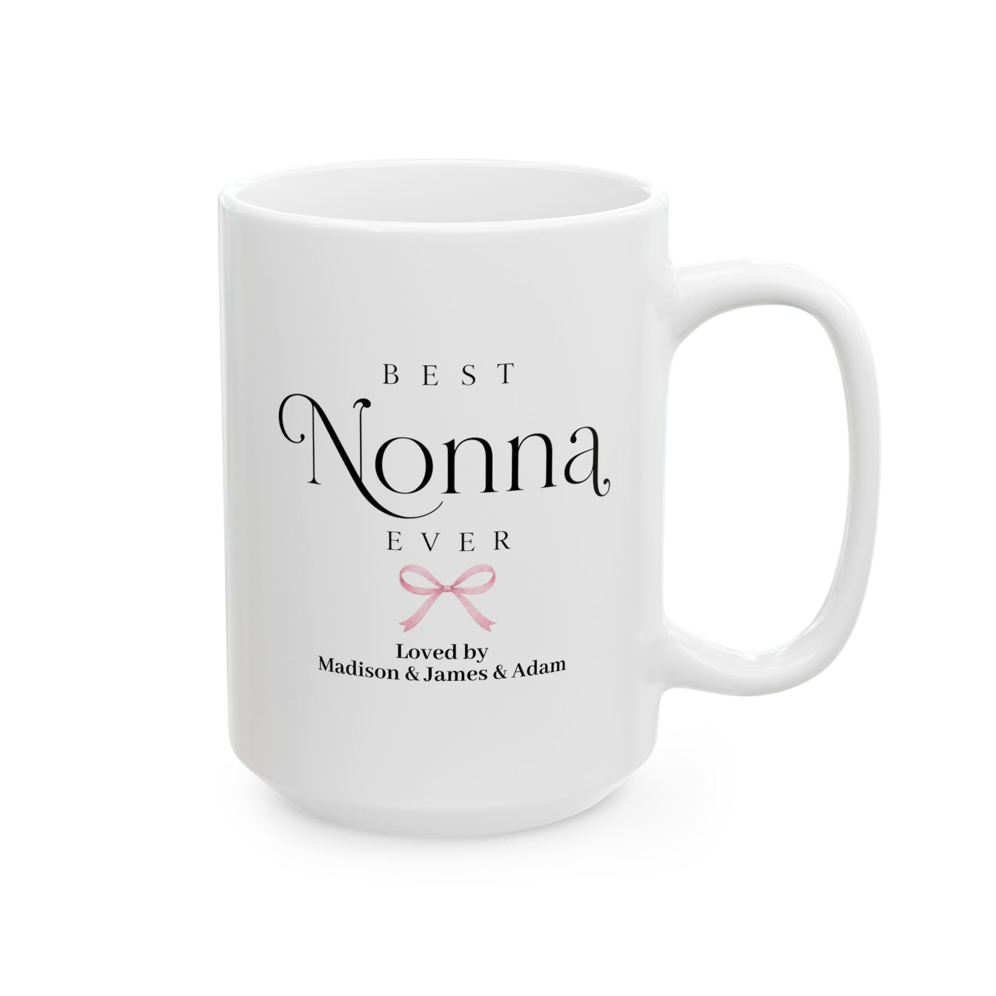 Personalized Nonna mug 15oz - Best Nonna Ever design with coquette bow and custom grandkids names