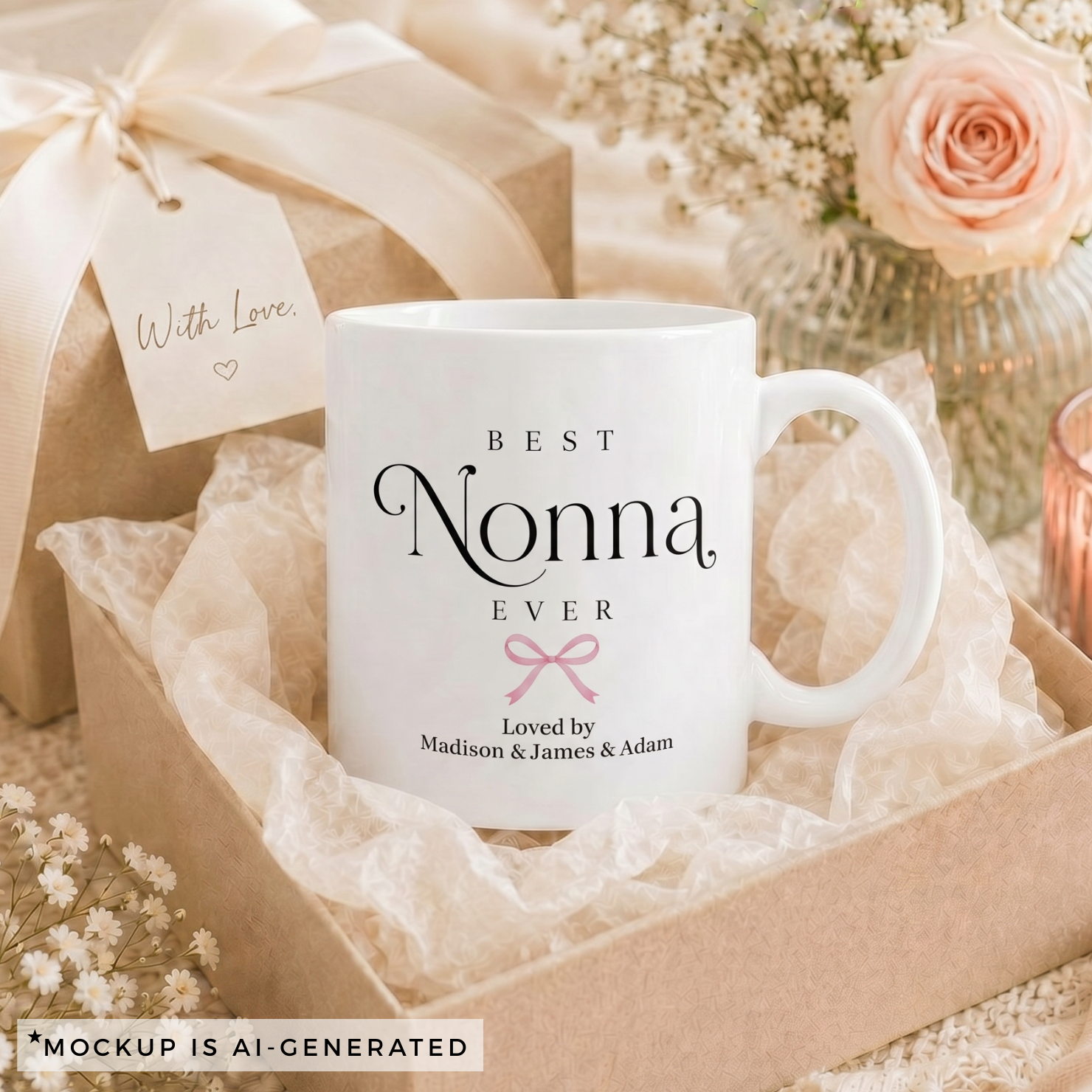Best Nonna Ever mug close-up - pink coquette bow with Loved by and grandkids names in script font
