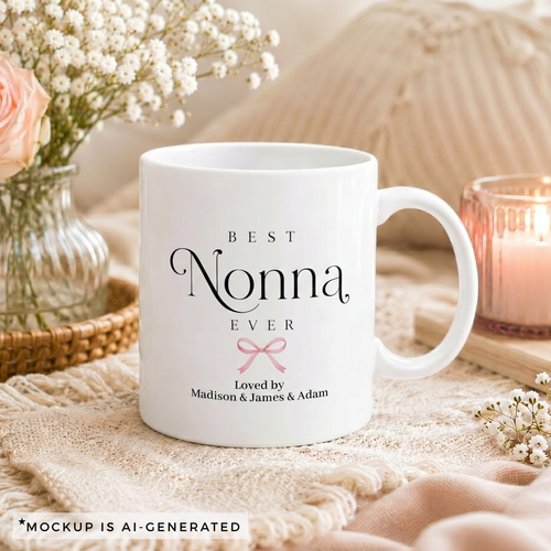 Personalized Nonna mug with grandkids names - Best Nonna Ever design with delicate pink bow on white ceramic